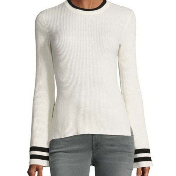 Frame Black/White Bell Sleeve Ribbed Wool Blend Crewneck Sweater - Picture 1 of 7